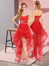 Superior Sweetheart Sleeveless Lace Up Vestidos de Damas Red Tulle