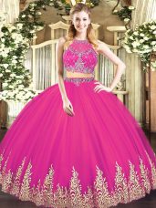 Hot Pink Tulle Zipper Scoop Sleeveless Floor Length Quinceanera Dresses Beading and Appliques
