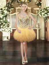 Most Popular Sleeveless Lace Up Mini Length Beading and Ruffles Evening Dress