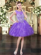 Tulle Scoop Sleeveless Lace Up Beading and Ruffles Prom Gown in Lavender