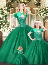 Artistic Floor Length Lace Up Quinceanera Gown Green for Military Ball and Sweet 16 and Quinceanera with Beading