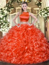 Red Two Pieces Ruffles Sweet 16 Dresses Criss Cross Tulle Sleeveless Floor Length