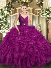 Colorful Fuchsia Backless Quince Ball Gowns Beading and Ruffles Sleeveless Floor Length