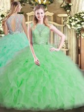 Captivating Apple Green Tulle Backless Quinceanera Gowns Sleeveless Floor Length Beading and Ruffles