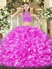 Lilac Two Pieces Tulle High-neck Sleeveless Beading and Ruffles Floor Length Backless Vestidos de Quinceanera