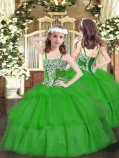 Green Lace Up Straps Appliques and Ruffled Layers Child Pageant Dress Organza Sleeveless