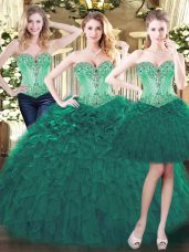 Fashion Green Lace Up 15th Birthday Dress Beading and Ruffles Sleeveless Floor Length