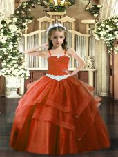 Super Ball Gowns Little Girls Pageant Gowns Rust Red Straps Tulle Sleeveless Floor Length Lace Up