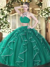 Tulle High-neck Sleeveless Backless Beading and Ruffles Quinceanera Dress in Turquoise
