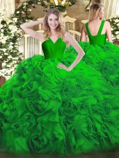 Glittering Green Ball Gowns V-neck Sleeveless Fabric With Rolling Flowers Floor Length Zipper Ruffles 15 Quinceanera Dress
