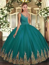 Floor Length Backless 15 Quinceanera Dress Turquoise for Military Ball and Sweet 16 and Quinceanera with Appliques