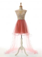 Classical Scoop Sleeveless Backless Prom Party Dress Watermelon Red Tulle