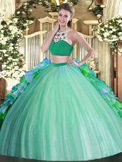 Best Multi-color Ball Gowns High-neck Sleeveless Tulle Floor Length Backless Beading and Ruffles Ball Gown Prom Dress