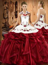Exceptional Wine Red Ball Gowns Embroidery and Ruffles Sweet 16 Dresses Lace Up Satin and Organza Sleeveless Floor Length