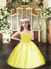 Wonderful Ball Gowns Little Girl Pageant Dress Yellow Spaghetti Straps Tulle Sleeveless Floor Length Lace Up