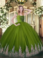 Olive Green Zipper Straps Beading and Appliques Sweet 16 Quinceanera Dress Tulle Sleeveless