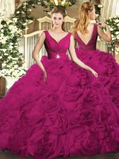 Fuchsia Backless V-neck Beading Quince Ball Gowns Organza and Fabric With Rolling Flowers Sleeveless