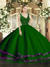 Green A-line Tulle V-neck Sleeveless Beading and Ruffled Layers Floor Length Zipper Ball Gown Prom Dress