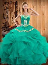 Exquisite Turquoise 15th Birthday Dress Military Ball and Sweet 16 and Quinceanera with Embroidery and Ruffles Sweetheart Sleeveless Lace Up