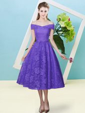 Cap Sleeves Tea Length Bowknot Lace Up Damas Dress with Lavender