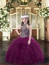 Purple Ball Gowns Halter Top Sleeveless Organza Floor Length Lace Up Beading and Ruffles Party Dress for Toddlers