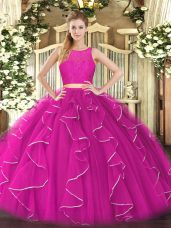 Fuchsia Zipper 15th Birthday Dress Lace and Ruffles Sleeveless Floor Length