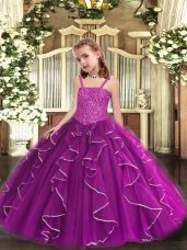 Purple Straps Neckline Beading and Ruffles Child Pageant Dress Sleeveless Lace Up