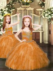 Fancy Sleeveless Floor Length Beading and Ruffles Lace Up Child Pageant Dress with Rust Red