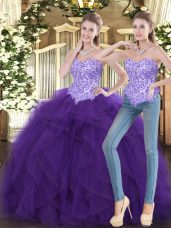 Best Purple Lace Up Sweetheart Beading and Ruffles Vestidos de Quinceanera Tulle Sleeveless