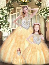 Floor Length Champagne Sweet 16 Quinceanera Dress Tulle Sleeveless Beading and Ruffles