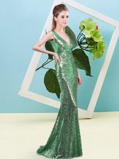 Delicate V-neck Sleeveless Zipper Prom Dresses Green Sequined