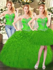Green Three Pieces Organza Sweetheart Sleeveless Beading and Ruffles Floor Length Lace Up Ball Gown Prom Dress