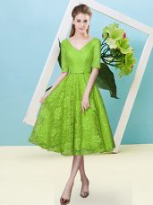 Graceful Lace Up Court Dresses for Sweet 16 Bowknot Half Sleeves Tea Length