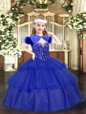 Eye-catching Royal Blue Straps Lace Up Beading and Ruffled Layers Party Dress for Toddlers Sleeveless