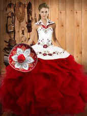Wine Red Satin and Organza Lace Up Quinceanera Gown Sleeveless Floor Length Embroidery and Ruffles