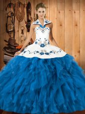 Teal Satin and Organza Lace Up Halter Top Sleeveless Floor Length Ball Gown Prom Dress Embroidery and Ruffles