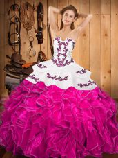 Customized Fuchsia Sleeveless Floor Length Embroidery and Ruffles Lace Up 15 Quinceanera Dress