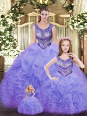 Lavender Sleeveless Organza Lace Up Ball Gown Prom Dress for Military Ball and Sweet 16 and Quinceanera