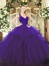 Sleeveless Organza Floor Length Backless Vestidos de Quinceanera in Purple with Beading and Lace and Ruffles