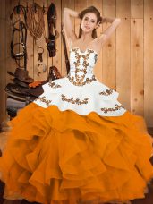 Fabulous Gold 15th Birthday Dress Military Ball and Sweet 16 and Quinceanera with Embroidery and Ruffles Strapless Sleeveless Lace Up