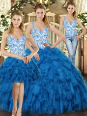 Blue Three Pieces Beading and Ruffles Ball Gown Prom Dress Lace Up Organza Sleeveless Floor Length