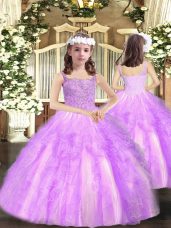 Lilac Straps Neckline Beading and Ruffles Kids Pageant Dress Sleeveless Lace Up