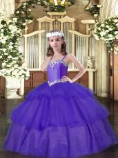 Perfect Straps Sleeveless Little Girls Pageant Dress Floor Length Beading and Ruffled Layers Purple Organza