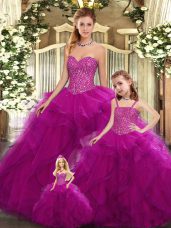 Great Organza Sweetheart Sleeveless Lace Up Beading and Ruffles Ball Gown Prom Dress in Fuchsia