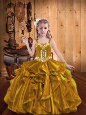 Gold Evening Gowns Party and Sweet 16 and Quinceanera and Wedding Party with Embroidery and Ruffles Straps Sleeveless Lace Up