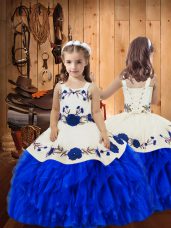 High Class Sleeveless Organza Floor Length Lace Up Little Girl Pageant Gowns in Royal Blue with Embroidery and Ruffles