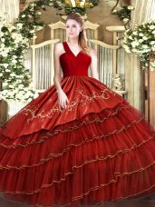 Most Popular Wine Red Sleeveless Floor Length Embroidery and Ruffled Layers Zipper Quinceanera Dresses
