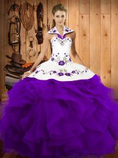 Purple Sleeveless Floor Length Embroidery and Ruffles Lace Up Quinceanera Dresses