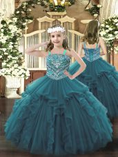 Teal Lace Up Straps Beading and Ruffles Teens Party Dress Organza Sleeveless