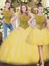 Gold Sleeveless Beading and Ruffles Floor Length Quince Ball Gowns